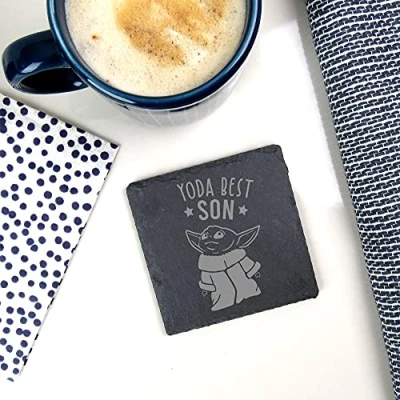 Image of eBuyGB Personalised Square Slate Coaster, Engraved Baby Yoda Star Wars Themed Drinks Mat, Funny Gifts for Son from Mum &amp; Dad (Yoda Best Son)