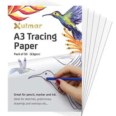 Image of Xulmar Tracing Paper A3 63 GSM Pack of 50 Sheets for Sewing Patterns, Drawing Overlays &amp; Sketching on Art Sketch Book