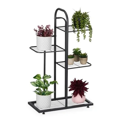Image of Relaxdays Plant Stand, 4 Levels, for Flower &amp; Herb Pot, HxWxD: 72.5 x 44 22.5 cm, Steel, Indoor Decorative Rack, Black, Alloy