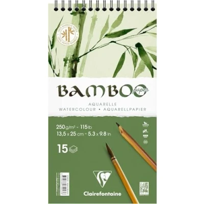Image of Clairefontaine 975923C Bamboo Header Spiral Pad 15 Sheets 100% Natural White Watercolor Paper Vegan Finely Marked Grain Professional Quality 13.5x25 cm 250g