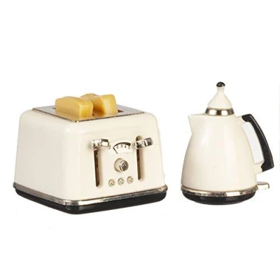 Image of Melody Jane Dolls House Modern White Jug Kettle &amp; Toaster Miniature 1:12 Kitchen Accessory