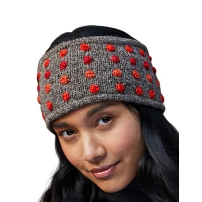 Image of Pachamama Women Wool Ear Warmer Headband Fleece Lined Handknitted Roses Spots Embroidered Multicoloured One Size Handmade Fair Trade (Bark, Wool)