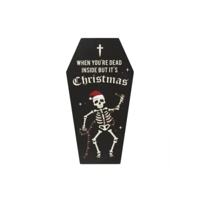 Image of Gothic &quot;Dead Inside&quot; Multicolor Coffin Plaque 30cm x 16cm (1 Pc.) Unique Christmas Decor with Festive Skeleton and Fairy Lights Design, Perfect Alternative for Dark Edgy Ambiance
