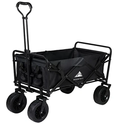 Image of Heavy Duty Folding Wagon with Large Wheel, Trolley Cart Outdoor Transport Trailer Foldable Garden Utility Wagon/Trolley Cover Bag (Black)
