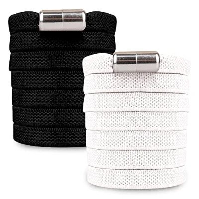 Image of SULPO Elastic rubber laces without ties, flat, with screw closure, Black and white 2 pairs, One Size