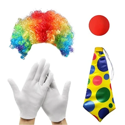 Image of MIVAIUN 4Pcs Clown Costume Set Accessories Dress Up Rainbow Wig Nose White Gloves Tie for Halloween Cosplay Theme Party Carnival Circus Show (4 Pieces)
