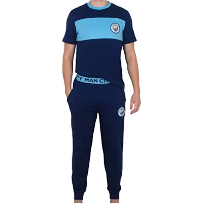 Image of Manchester City F.C. Official Mens Premium Long Pyjamas Set Navy/Sky Blue Large