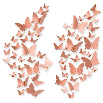 Image of 3D Butterfly Wall Stickers, CAYUDEN 60pcs Removable Mirror Stickers DIY Decor 3 Sizes Pink Decal for Window Door Wedding Party Cake Decoration (Rose Gold)