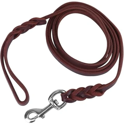 Image of Leather Dog Lead Braided Brown Pet Leash Training Rope Walking Leads for Medium Large Dogs (5.25ft)