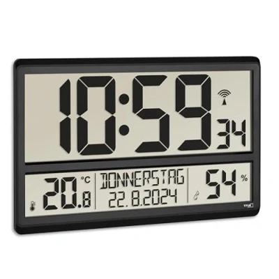 Image of TFA Dostmann XL 60.4520.01 Digital Wall Temperature and Humidity, Day of The Week (8 Languages), Radio Clock, Easy to Read, Large, Black, (L) 360 x (B) 235 (H) 28 (84) mm
