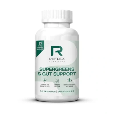 Image of Reflex Nutition Supergreens &amp; Gut Support 33 Active Ingredients Prebiotics, Probiotics, Vitamins Minerals Immune Support, Reduce Fatigue Bloating Vegan Health Supplement (90 Capsules)