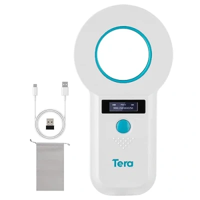 Image of Tera Pet Microchip Reader Scanner Animal Chip ID with OLED Display Screen Rechargeable Data Storage Tag for Dogs Cat Management Blue Botton