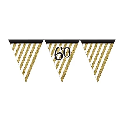 Image of Creative Party Age 60 Birthday Paper Flag Bunting Pennant Banner, Large 3.7m, 11 Flags, Black/Gold, Birthdays, Celebrations, Men, Women