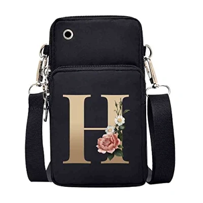 Image of FINDING CASE initial letter Printed Women Girls men Zipper Waterproof Nylon 3 Layers Crossbody Bags Wallet Cellphone Purse Shoulder Bag Wristlet Handbags Adjustable Strap (gold H)