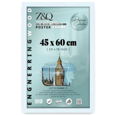 Image of Z&amp;Q Wall Mounted Poster Picture Frame White 45 x 60 cm Display Painting Photo Print With HD Clear Perspex Both Ways Hanging Hooks MDF Wood 30x15mm Moulding