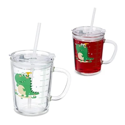 Image of Relaxdays 2X Children&#039;s Cups, Dino Motif, Drinking Glass for Kids, with Handle, Lid &amp; Straw, 400ml Scale, Transparent, 12 x 12.5 9.5 cm