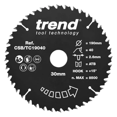 Image of Trend Wood Circular Saw Blade, 190mm Diameter, 30mm Bore, 40 Teeth, TCT, 2.6mm Kerf, +15 Hook, CSB/TC19040