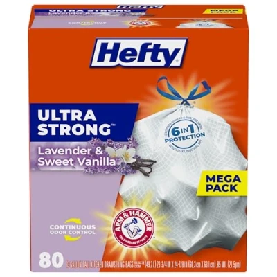 Image of Hefty 10013700016605 Ultra Strong Tall Kitchen Trash Bags Lavender Sweet Vanilla, 13 Gallon, 80 Count, (Pack of 1), White