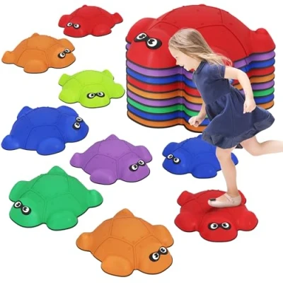 Image of AIYAPLAY Balance Stepping Stones, 9 PCS Turtle Shaped Stackable River Stones with Non slip Edge, Indoor Outdoor Obstacle Courses for Kids Ages 3 8 Years, Multicoloured