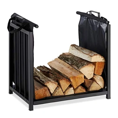 Image of Relaxdays Firewood Stand with Wooden Carry Bag for Indoor Use Modern Design Steel Fireplace Shelving HBT: 50 x 51 37 cm Black,10028774