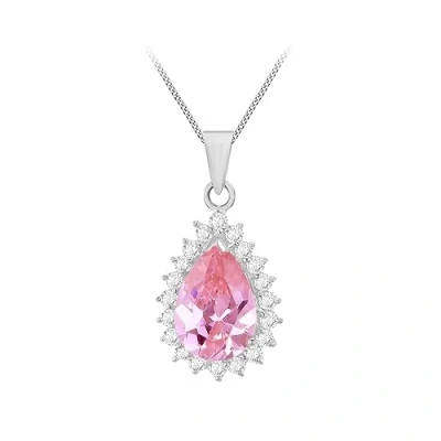 Image of Tuscany Silver Women&#039;s Sterling Pink Cubic Zirconia Teardrop Pendant on Curb Chain of 46cm/18&quot;