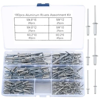 Image of 180 Pcs Aluminum Blind Rivets, Pop Rivets Assortment Kit, Flange with Steel Shaft Mandrel Kit for Fixing Component Construction Fasteners Furniture M3.2/M4/M4.8