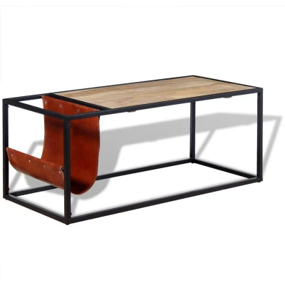 Image of vidaXL Coffee Table with Genuine Leather Magazine Holder 110x50x45 cm
