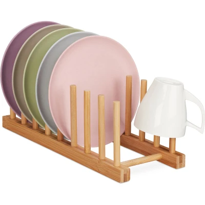 Image of Relaxdays Bamboo Drying Rack, Oblong &amp; Modern, Dish Drainer for Plates, Lids and Cutting Boards, 8 Slots, Natural, Wood, Light Brown, 12 x 34 12.5 cm