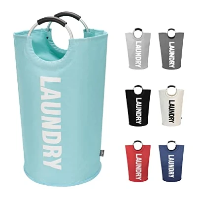 Image of DOKEHOM 90L Large Laundry Basket, Collapsible Bag, Freestanding Tall Clothes Hamper, Foldable Washing Bin (Light Blue)