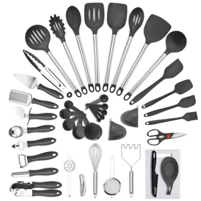 Image of Daniel James Kitchen Utensil Set 42 Piece Non Stick Cooking Tools and Gadgets Heat Resistant Dishwasher Safe Cookware Black &amp; Silver