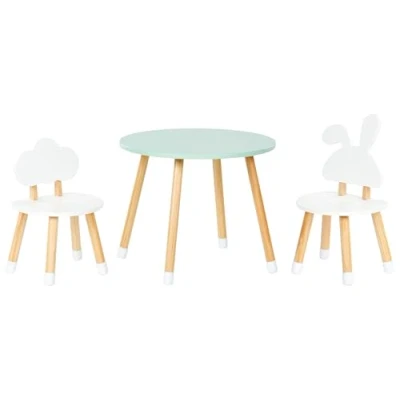 Image of 2 Seater Kids Set Table with Chairs MDF Leg Caps Room White and Light Wood Robin