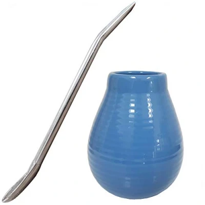 Image of Gaucho Bruno Yerba Mate Ceramic Cup with Stainless Steel Bombilla Drinking Straw Reusable, Slip Proof Gripping and Easy Cleaning for Home Travel Use 400ml Sky Blue