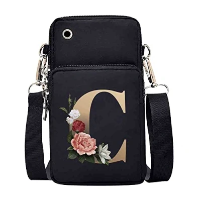 Image of FINDING CASE initial letter Printed Women Girls men Zipper Waterproof Nylon 3 Layers Crossbody Bags Wallet Cellphone Purse Shoulder Bag Wristlet Handbags Adjustable Strap (gold C)