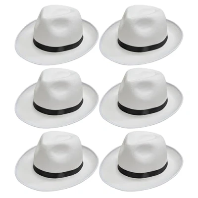 Image of Quickdraw 6 x Adults Gangster Hat White with Black Band Mafia Fancy Dress Costume Accessory