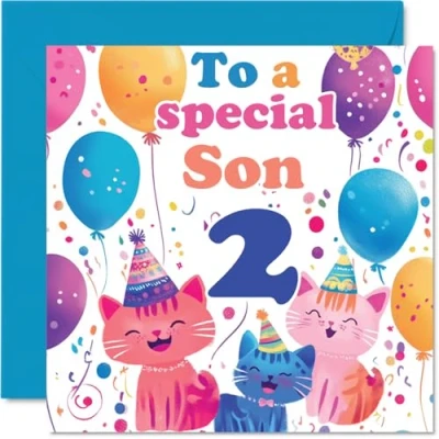Image of 2nd Son Birthday Card Cute Cats Special Happy for from Mum Dad, 145mm x Age 2 Two Greeting Cards