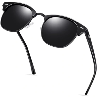 Image of KANASTAL Shiny Black Sunglasses Womens Polarised Mens Square Semi Rimless Dark Retro Classic Horn Rimmed Half Frame Ladies Driving UV Protection Glossy
