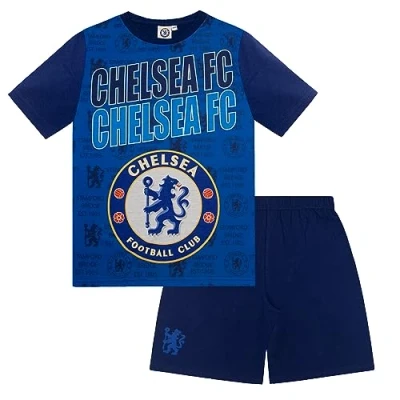 Image of Chelsea FC Official Football Gift Boys Kids Pyjamas Blue Text 4 5 Years