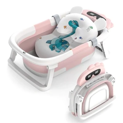 Image of Foldable Baby Bath Tub,Baby Essentials for Newborn Bathtub with Non Slip Support Cushion Travel Portable Collapsible Newborns 0 24 Months Infants and Toddler(Pink)