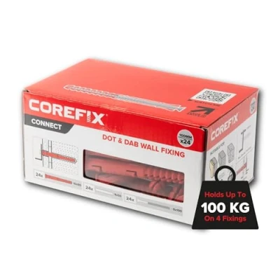 Image of Corefix 100mm Heavy Duty Dot &amp; Dab Wall Fixings Plasterboard Over Blockwork Plugs Screws For TVs, Radiators, Shelving more Holds 100kg on 4 fixtures Reinforced Steel Core Box of 24