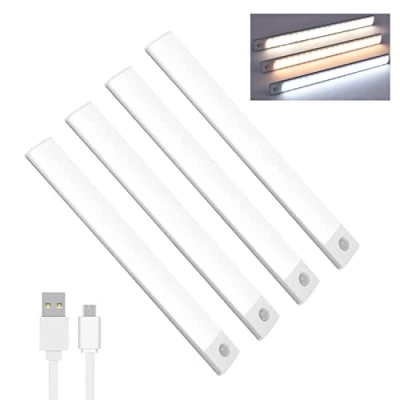 Image of Lychico Motion Sensor Lights Indoor (20cm), 40 led Under Cabinet 6000K, USB Rechargeable Battery Powered Night with Magnetic Strip, Pack of 4