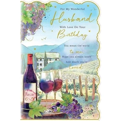 Image of Paper Rose Wonderful Husband Birthday Card You Mean the World To Me Red Wine at Vineyard with Foil Details Eco Friendly and Recyclable