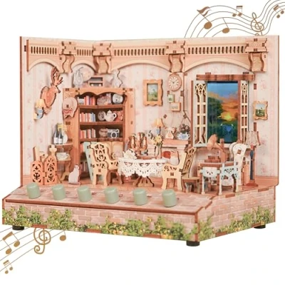 Image of Tonecheer DIY Miniature The Pastoral Home Mini House Model Kits for Adults to Build 3D Wooden Puzzle with Sound Effects, Room Making Kit Bookshelf Decoration Women Men