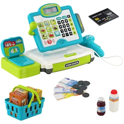 Image of Kids Electronic Toy Cash Register with Scanner, Lights &amp; Sounds, Shopping Basket Supermarket Till Play Money Lots of Food