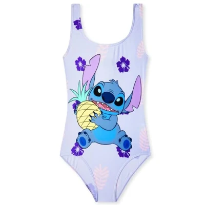 Image of Disney Girls One Piece Swimming Costume, Comfortable Stretchy Swimsuit Gifts (Lilac Stitch, 11 12 Years)
