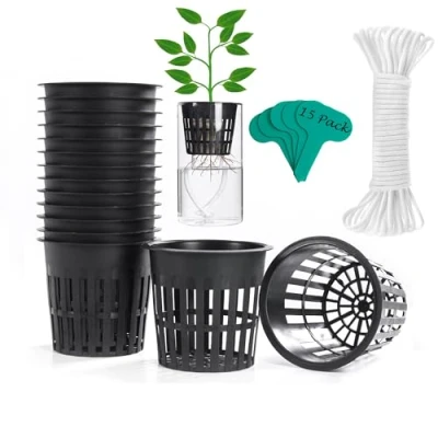 Image of ORIMERC 15 Pack 4 inch Net Cup Pots with feet Hydroponic Self Watering Wick for Aquaponics Buckets Insert Orchid Kratky Vegetable Garden Gardening Growing Netted Baskets Slotted Mesh Wide Lip Rim