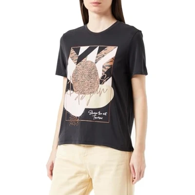 Image of ONLY Women&#039;s Onlfree Modal S/S Atelier Top Box JRS T Shirt, Black/Print: Bisous, S