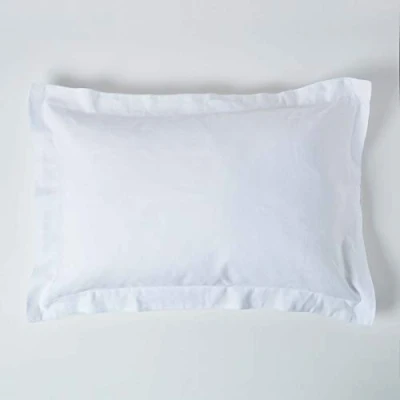 Image of HOMESCAPES Luxury Soft Linen Oxford Pillowcase Plain White Textured Natural French Flax Fibre &amp; Pure 100% Cotton Blend Standard Style