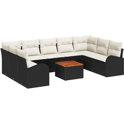 Image of vidaXL 10 Piece Garden Sofa Set with Cushions Black Poly Rattan Acacia