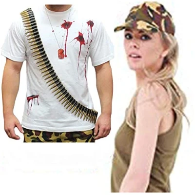 Image of WickedFun® MENS LADIES ARMY CAP 96 BULLETS BELT CAMOUFLAGE FANCY DRESS COSTUME SET