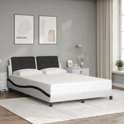 Image of vidaXL Bed Frame with Headboard White/Black 140x190 cm Modern Double in Durable Faux Leather Pillow &amp; Plywood Slats